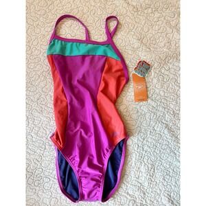 Speedo Vibe Collection One Piece Swimsuit Neon Violet Colorblock Women Size 36